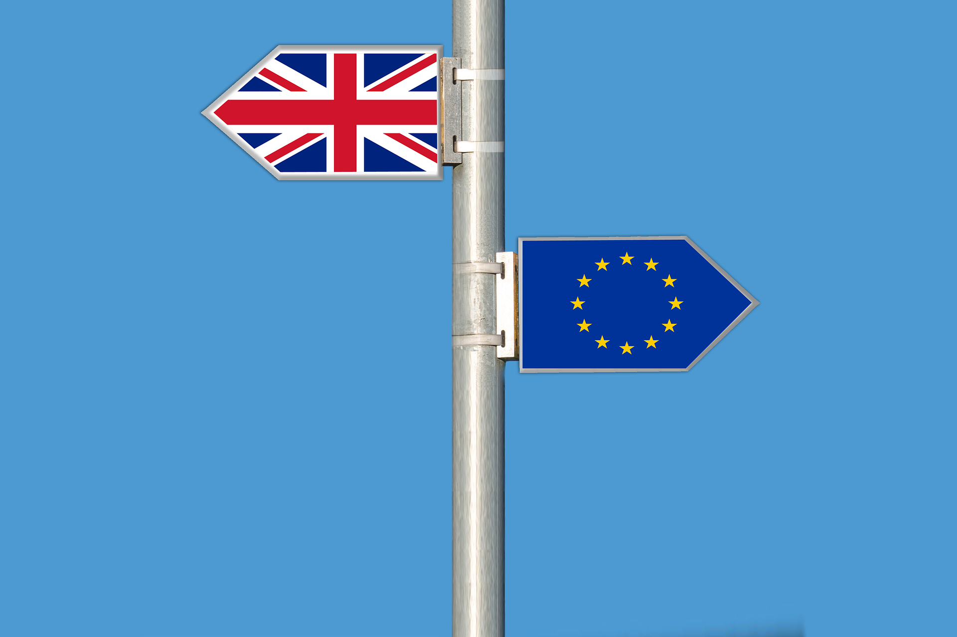 En väggskylt med en riktning mot Storbritannien och en mot EU